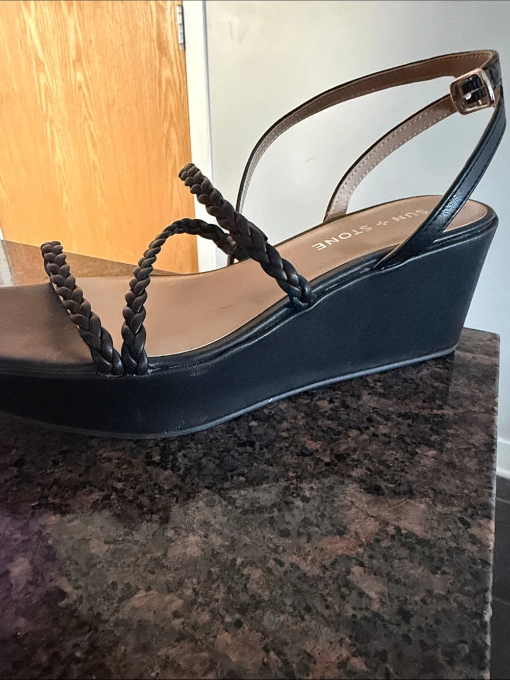 Sun + Stone Black Braided-Strap Square Toe Sandals